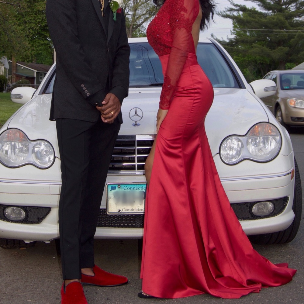 Dark Red prom dress with slit leg